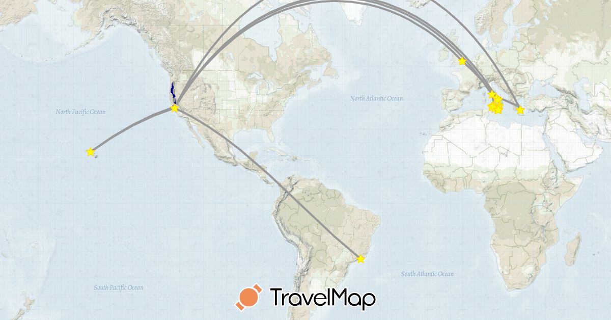 TravelMap itinerary: driving, plane, boat in Brazil, United Kingdom, Greece, Italy, United States (Europe, North America, South America)